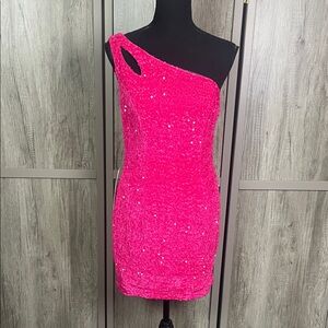 NWT Wear Your Love Barbie pink sequin one-shoulder cutout  mini dress women's M